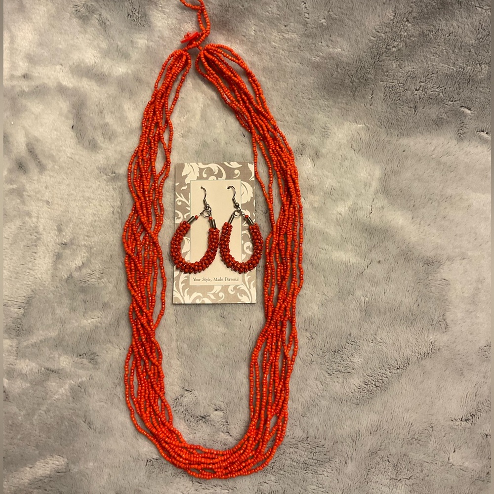 Elegant Orange Beaded Necklace and Earring Set